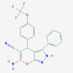 molecular formula C20H13F3N4O2 B460050 6-Amino-3-phenyl-4-{4-[(trifluoromethyl)oxy]phenyl}-1,4-dihydropyrano[2,3-c]pyrazole-5-carbonitrile CAS No. 489443-30-3