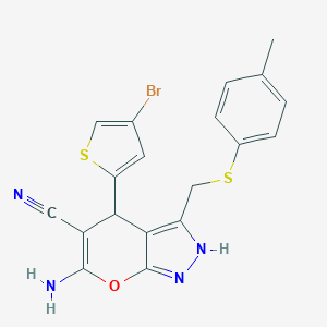 molecular formula C19H15BrN4OS2 B460051 6-Amino-4-(4-bromothiophen-2-yl)-3-[(4-methylphenyl)sulfanylmethyl]-2,4-dihydropyrano[2,3-c]pyrazole-5-carbonitrile CAS No. 498537-91-0