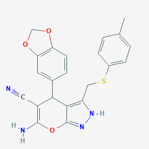 molecular formula C22H18N4O3S B460052 6-Amino-4-(1,3-benzodioxol-5-yl)-3-{[(4-methylphenyl)sulfanyl]methyl}-2,4-dihydropyrano[2,3-c]pyrazole-5-carbonitrile 