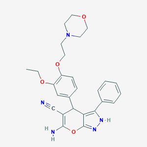 molecular formula C27H29N5O4 B460055 6-Amino-4-[3-ethoxy-4-(2-morpholin-4-ylethoxy)phenyl]-3-phenyl-2,4-dihydropyrano[2,3-c]pyrazole-5-carbonitrile 