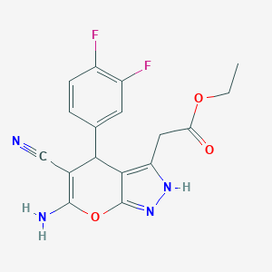 molecular formula C17H14F2N4O3 B460063 Ethyl [6-amino-5-cyano-4-(3,4-difluorophenyl)-2,4-dihydropyrano[2,3-c]pyrazol-3-yl]acetate 