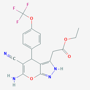 molecular formula C18H15F3N4O4 B460065 Ethyl {6-amino-5-cyano-4-[4-(trifluoromethoxy)phenyl]-2,4-dihydropyrano[2,3-c]pyrazol-3-yl}acetate 