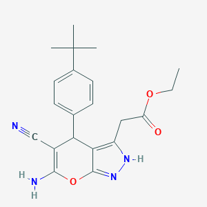 molecular formula C21H24N4O3 B460067 Ethyl [6-amino-4-(4-tert-butylphenyl)-5-cyano-2,4-dihydropyrano[2,3-c]pyrazol-3-yl]acetate 