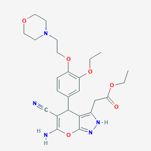 molecular formula C25H31N5O6 B460068 Ethyl (6-amino-5-cyano-4-{3-ethoxy-4-[2-(4-morpholinyl)ethoxy]phenyl}-2,4-dihydropyrano[2,3-c]pyrazol-3-yl)acetate 