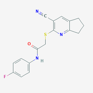 molecular formula C17H14FN3OS B460070 2-[(3-cyano-6,7-dihydro-5H-cyclopenta[b]pyridin-2-yl)sulfanyl]-N-(4-fluorophenyl)acetamide CAS No. 348147-54-6