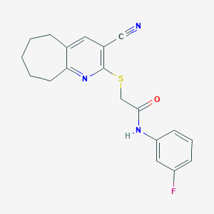 molecular formula C19H18FN3OS B460079 2-[(3-cyano-6,7,8,9-tetrahydro-5H-cyclohepta[b]pyridin-2-yl)sulfanyl]-N-(3-fluorophenyl)acetamide CAS No. 445382-40-1