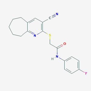 molecular formula C19H18FN3OS B460082 2-[(3-cyano-6,7,8,9-tetrahydro-5H-cyclohepta[b]pyridin-2-yl)sulfanyl]-N-(4-fluorophenyl)acetamide CAS No. 332393-88-1