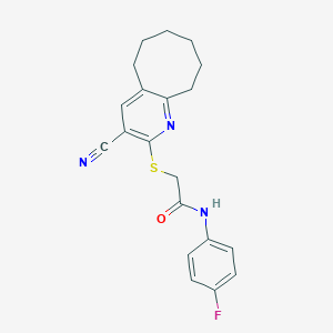 molecular formula C20H20FN3OS B460086 2-[(3-cyano-5,6,7,8,9,10-hexahydrocycloocta[b]pyridin-2-yl)sulfanyl]-N-(4-fluorophenyl)acetamide 
