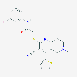 molecular formula C22H19FN4OS2 B460095 2-(3-Cyano-6-methyl-4-thiophen-2-yl-5,6,7,8-tetrahydro-[1,6]naphthyridin-2-ylsulfanyl)-N-(3-fluoro-phenyl)-acetamide 