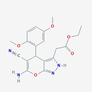 molecular formula C19H20N4O5 B460105 Ethyl [6-amino-5-cyano-4-(2,5-dimethoxyphenyl)-1,4-dihydropyrano[2,3-c]pyrazol-3-yl]acetate CAS No. 488802-88-6