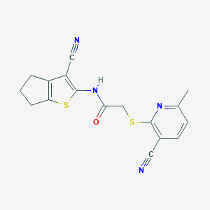 molecular formula C17H14N4OS2 B460127 N-(3-cyano-5,6-dihydro-4H-cyclopenta[b]thiophen-2-yl)-2-(3-cyano-6-methylpyridin-2-yl)sulfanylacetamide CAS No. 445382-94-5