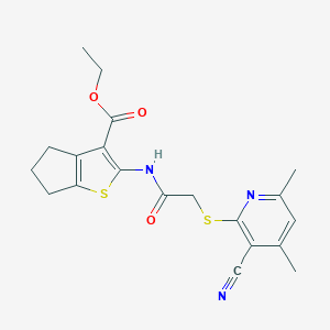 molecular formula C20H21N3O3S2 B460130 ethyl 2-[[2-(3-cyano-4,6-dimethylpyridin-2-yl)sulfanylacetyl]amino]-5,6-dihydro-4H-cyclopenta[b]thiophene-3-carboxylate CAS No. 445382-95-6