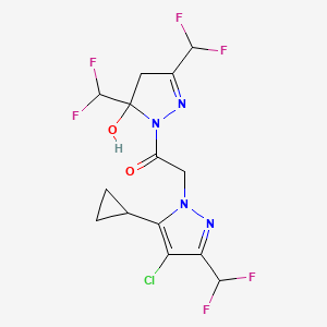 molecular formula C14H13ClF6N4O2 B4601306 1-[3,5-BIS(DIFLUOROMETHYL)-5-HYDROXY-4,5-DIHYDRO-1H-PYRAZOL-1-YL]-2-[4-CHLORO-5-CYCLOPROPYL-3-(DIFLUOROMETHYL)-1H-PYRAZOL-1-YL]-1-ETHANONE 