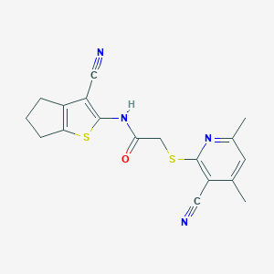 molecular formula C18H16N4OS2 B460131 N-(3-cyano-5,6-dihydro-4H-cyclopenta[b]thiophen-2-yl)-2-(3-cyano-4,6-dimethylpyridin-2-yl)sulfanylacetamide CAS No. 445382-96-7