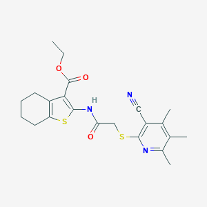 molecular formula C22H25N3O3S2 B460132 Ethyl 2-({[(3-cyano-4,5,6-trimethyl-2-pyridinyl)sulfanyl]acetyl}amino)-4,5,6,7-tetrahydro-1-benzothiophene-3-carboxylate 