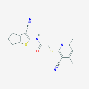 molecular formula C19H18N4OS2 B460133 N-(3-cyano-5,6-dihydro-4H-cyclopenta[b]thiophen-2-yl)-2-(3-cyano-4,5,6-trimethylpyridin-2-yl)sulfanylacetamide CAS No. 445382-99-0