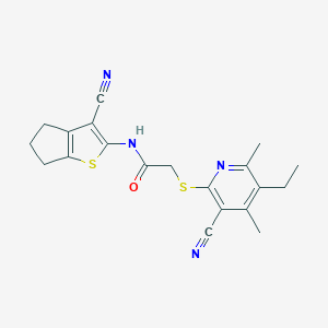 molecular formula C20H20N4OS2 B460135 N-(3-cyano-5,6-dihydro-4H-cyclopenta[b]thiophen-2-yl)-2-(3-cyano-5-ethyl-4,6-dimethylpyridin-2-yl)sulfanylacetamide CAS No. 445383-00-6