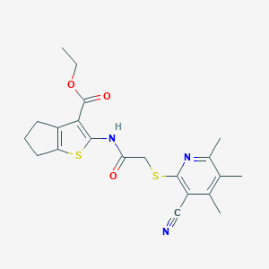 molecular formula C21H23N3O3S2 B460136 ethyl 2-[[2-(3-cyano-4,5,6-trimethylpyridin-2-yl)sulfanylacetyl]amino]-5,6-dihydro-4H-cyclopenta[b]thiophene-3-carboxylate CAS No. 445382-98-9
