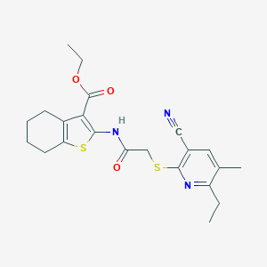 molecular formula C22H25N3O3S2 B460138 Ethyl 2-({[(3-cyano-6-ethyl-5-methyl-2-pyridinyl)sulfanyl]acetyl}amino)-4,5,6,7-tetrahydro-1-benzothiophene-3-carboxylate 