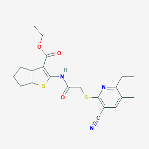 molecular formula C21H23N3O3S2 B460139 ethyl 2-[[2-(3-cyano-6-ethyl-5-methylpyridin-2-yl)sulfanylacetyl]amino]-5,6-dihydro-4H-cyclopenta[b]thiophene-3-carboxylate CAS No. 445383-03-9