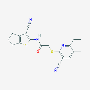 molecular formula C19H18N4OS2 B460140 N-(3-cyano-5,6-dihydro-4H-cyclopenta[b]thiophen-2-yl)-2-(3-cyano-6-ethyl-5-methylpyridin-2-yl)sulfanylacetamide CAS No. 445383-04-0