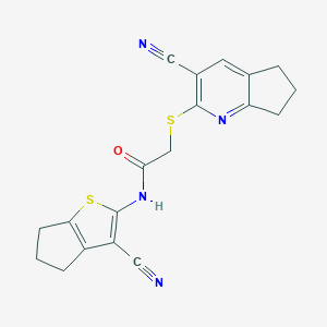 molecular formula C19H16N4OS2 B460141 2-[(3-氰基-6,7-二氢-5H-环戊[b]吡啶-2-基)硫代]-N-(3-氰基-5,6-二氢-4H-环戊[b]噻吩-2-基)乙酰胺 CAS No. 445383-06-2