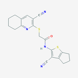 molecular formula C20H18N4OS2 B460142 N-(3-cyano-5,6-dihydro-4H-cyclopenta[b]thiophen-2-yl)-2-[(3-cyano-5,6,7,8-tetrahydroquinolin-2-yl)sulfanyl]acetamide CAS No. 445383-09-5