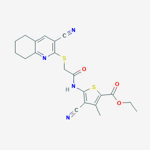 molecular formula C21H20N4O3S2 B460144 Ethyl 4-cyano-5-[[2-[(3-cyano-5,6,7,8-tetrahydroquinolin-2-yl)sulfanyl]acetyl]amino]-3-methylthiophene-2-carboxylate CAS No. 445383-10-8