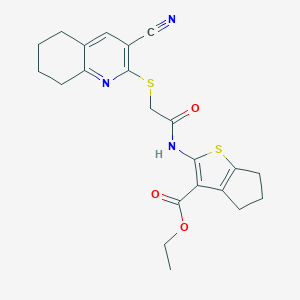 molecular formula C22H23N3O3S2 B460145 ethyl 2-[[2-[(3-cyano-5,6,7,8-tetrahydroquinolin-2-yl)sulfanyl]acetyl]amino]-5,6-dihydro-4H-cyclopenta[b]thiophene-3-carboxylate CAS No. 445383-08-4
