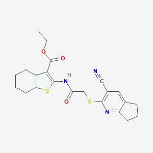 molecular formula C22H23N3O3S2 B460147 ethyl 2-[[2-[(3-cyano-6,7-dihydro-5H-cyclopenta[b]pyridin-2-yl)sulfanyl]acetyl]amino]-4,5,6,7-tetrahydro-1-benzothiophene-3-carboxylate CAS No. 387831-15-4