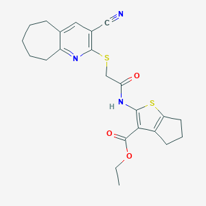 molecular formula C23H25N3O3S2 B460148 ethyl 2-[[2-[(3-cyano-6,7,8,9-tetrahydro-5H-cyclohepta[b]pyridin-2-yl)sulfanyl]acetyl]amino]-5,6-dihydro-4H-cyclopenta[b]thiophene-3-carboxylate CAS No. 445383-11-9