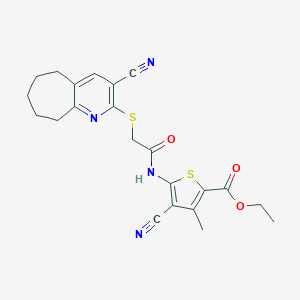 molecular formula C22H22N4O3S2 B460149 ethyl 4-cyano-5-[[2-[(3-cyano-6,7,8,9-tetrahydro-5H-cyclohepta[b]pyridin-2-yl)sulfanyl]acetyl]amino]-3-methylthiophene-2-carboxylate CAS No. 445383-13-1