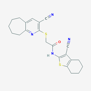 molecular formula C22H22N4OS2 B460150 N-(3-cyano-4,5,6,7-tetrahydro-1-benzothiophen-2-yl)-2-[(3-cyano-6,7,8,9-tetrahydro-5H-cyclohepta[b]pyridin-2-yl)sulfanyl]acetamide CAS No. 443120-81-8