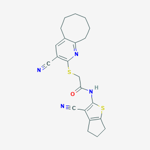 molecular formula C22H22N4OS2 B460151 N-(3-氰基-5,6-二氢-4H-环戊[b]噻吩-2-基)-2-[(3-氰基-5,6,7,8,9,10-六氢环辛[b]吡啶-2-基)硫代]乙酰胺 CAS No. 488725-33-3