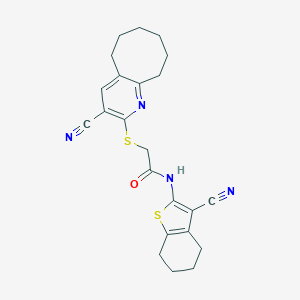 molecular formula C23H24N4OS2 B460152 2-[(3-cyano-5,6,7,8,9,10-hexahydrocycloocta[b]pyridin-2-yl)sulfanyl]-N-(3-cyano-4,5,6,7-tetrahydro-1-benzothiophen-2-yl)acetamide CAS No. 443120-82-9