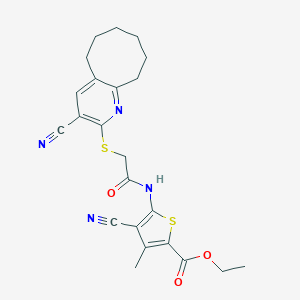 molecular formula C23H24N4O3S2 B460153 Ethyl 4-cyano-5-[[2-[(3-cyano-5,6,7,8,9,10-hexahydrocycloocta[b]pyridin-2-yl)sulfanyl]acetyl]amino]-3-methylthiophene-2-carboxylate CAS No. 488108-33-4