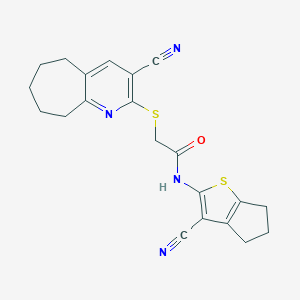 molecular formula C21H20N4OS2 B460154 N-(3-cyano-5,6-dihydro-4H-cyclopenta[b]thiophen-2-yl)-2-[(3-cyano-6,7,8,9-tetrahydro-5H-cyclohepta[b]pyridin-2-yl)sulfanyl]acetamide CAS No. 445383-12-0