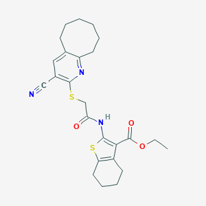 molecular formula C25H29N3O3S2 B460155 Ethyl 2-({[(3-cyano-5,6,7,8,9,10-hexahydrocycloocta[b]pyridin-2-yl)sulfanyl]acetyl}amino)-4,5,6,7-tetrahydro-1-benzothiophene-3-carboxylate 