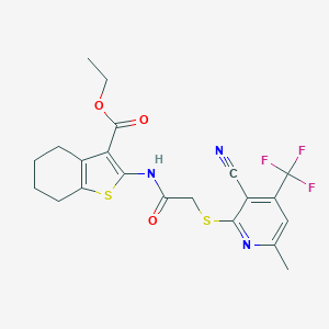molecular formula C21H20F3N3O3S2 B460157 Ethyl 2-[[2-[3-cyano-6-methyl-4-(trifluoromethyl)pyridin-2-yl]sulfanylacetyl]amino]-4,5,6,7-tetrahydro-1-benzothiophene-3-carboxylate CAS No. 445383-14-2