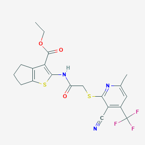 molecular formula C20H18F3N3O3S2 B460158 ethyl 2-[[2-[3-cyano-6-methyl-4-(trifluoromethyl)pyridin-2-yl]sulfanylacetyl]amino]-5,6-dihydro-4H-cyclopenta[b]thiophene-3-carboxylate CAS No. 445383-15-3