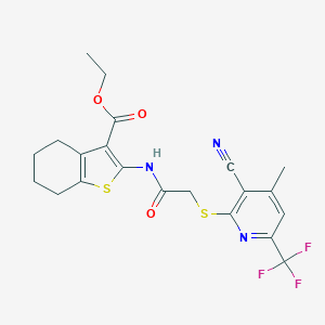 molecular formula C21H20F3N3O3S2 B460159 Ethyl 2-[({[3-cyano-4-methyl-6-(trifluoromethyl)-2-pyridinyl]sulfanyl}acetyl)amino]-4,5,6,7-tetrahydro-1-benzothiophene-3-carboxylate 