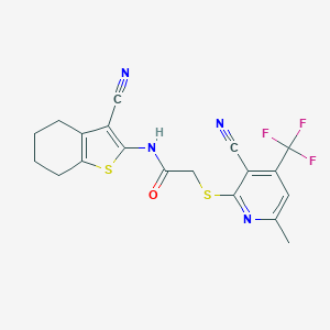 molecular formula C19H15F3N4OS2 B460160 2-[3-cyano-6-methyl-4-(trifluoromethyl)pyridin-2-yl]sulfanyl-N-(3-cyano-4,5,6,7-tetrahydro-1-benzothiophen-2-yl)acetamide CAS No. 445383-16-4