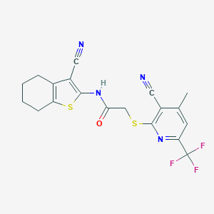 molecular formula C19H15F3N4OS2 B460161 2-{[3-cyano-4-methyl-6-(trifluoromethyl)-2-pyridinyl]sulfanyl}-N-(3-cyano-4,5,6,7-tetrahydro-1-benzothien-2-yl)acetamide 