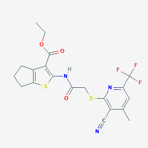 molecular formula C20H18F3N3O3S2 B460162 ethyl 2-[({[3-cyano-4-methyl-6-(trifluoromethyl)-2-pyridinyl]sulfanyl}acetyl)amino]-5,6-dihydro-4H-cyclopenta[b]thiophene-3-carboxylate 