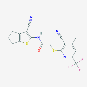 molecular formula C18H13F3N4OS2 B460163 N-(3-cyano-5,6-dihydro-4H-cyclopenta[b]thiophen-2-yl)-2-[3-cyano-4-methyl-6-(trifluoromethyl)pyridin-2-yl]sulfanylacetamide CAS No. 445383-19-7