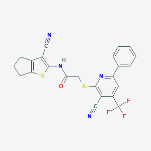 molecular formula C23H15F3N4OS2 B460164 N-(3-cyano-5,6-dihydro-4H-cyclopenta[b]thiophen-2-yl)-2-[3-cyano-6-phenyl-4-(trifluoromethyl)pyridin-2-yl]sulfanylacetamide CAS No. 445383-23-3