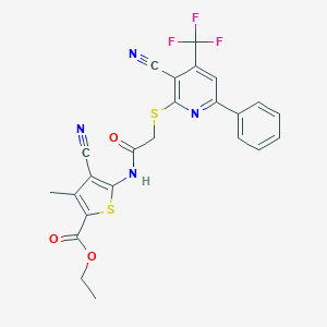 molecular formula C24H17F3N4O3S2 B460165 Ethyl 4-cyano-5-[[2-[3-cyano-6-phenyl-4-(trifluoromethyl)pyridin-2-yl]sulfanylacetyl]amino]-3-methylthiophene-2-carboxylate CAS No. 445383-24-4