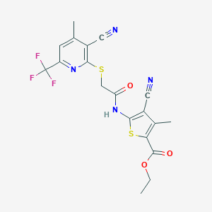 molecular formula C19H15F3N4O3S2 B460166 Ethyl 4-cyano-5-[[2-[3-cyano-4-methyl-6-(trifluoromethyl)pyridin-2-yl]sulfanylacetyl]amino]-3-methylthiophene-2-carboxylate CAS No. 445383-21-1