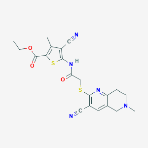 molecular formula C21H21N5O3S2 B460167 ethyl 4-cyano-5-[[2-[(3-cyano-6-methyl-7,8-dihydro-5H-1,6-naphthyridin-2-yl)sulfanyl]acetyl]amino]-3-methylthiophene-2-carboxylate CAS No. 488793-00-6