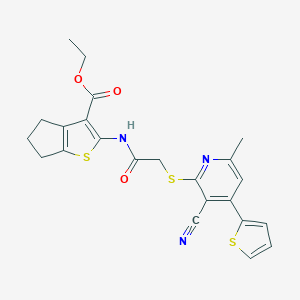 molecular formula C23H21N3O3S3 B460169 ethyl 2-[[2-(3-cyano-6-methyl-4-thiophen-2-ylpyridin-2-yl)sulfanylacetyl]amino]-5,6-dihydro-4H-cyclopenta[b]thiophene-3-carboxylate CAS No. 445383-26-6